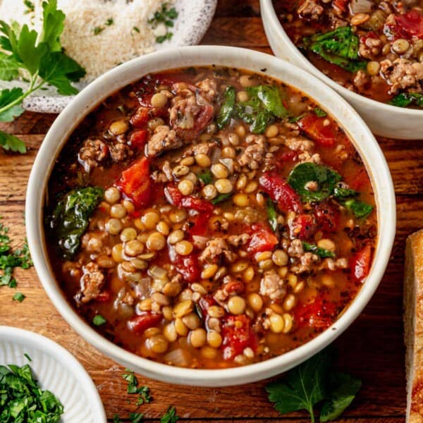 a bowl of sausage lentil soup